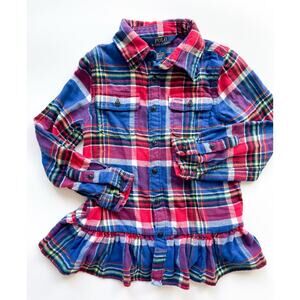 Girl's Polo Ralph Lauren Blue and Red Plaid Flannel Button Down Ruffle Shirt 5